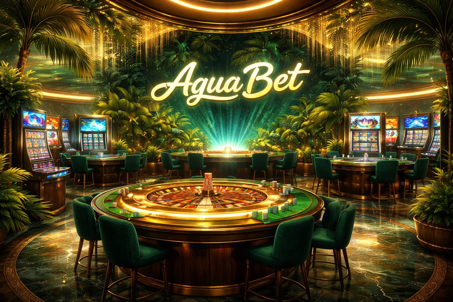 Atmosfera premium de cassino online estilo brasileiro com luzes de roleta, acentos tropicais e clima elegante de jogos