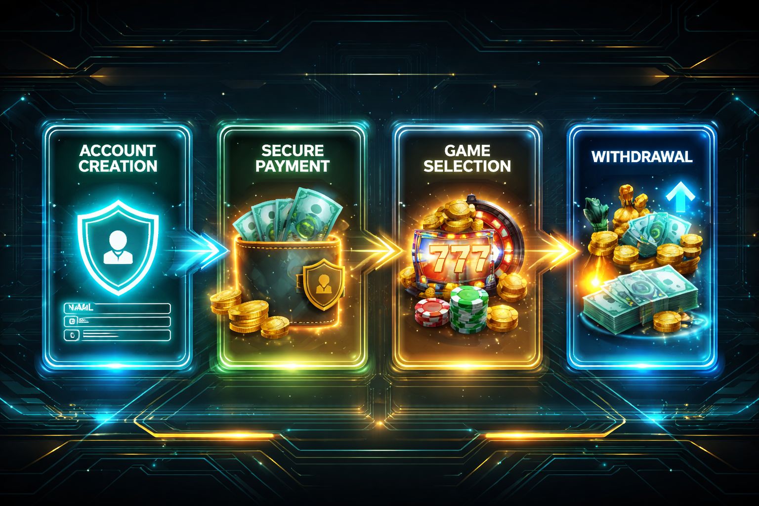 Ilustração do processo de cassino online desde o registro até o jogo e saque