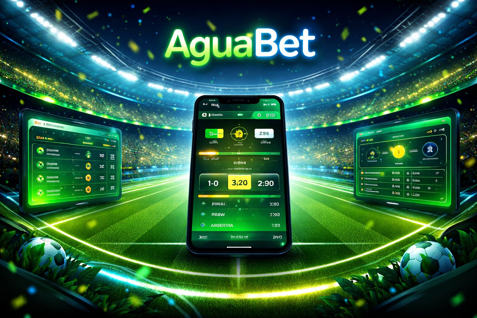 Conceito moderno de apostas esportivas com dados de partidas ao vivo, tela de odds em smartphone e identidade visual AguaBet em uma arena inspirada no Brasil