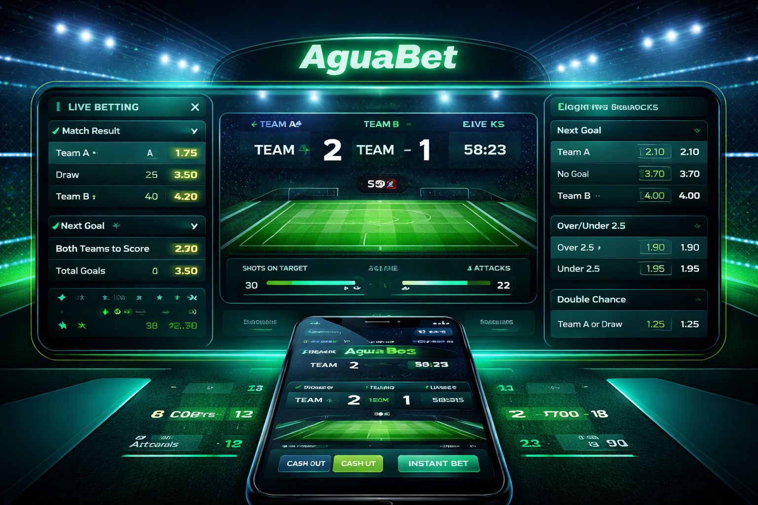 Interface interativa de apostas ao vivo com estatísticas de futebol brasileiro, odds em mudança e visuais temáticos AguaBet em um display digital