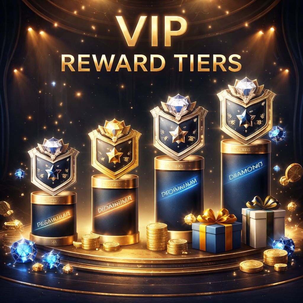 Conceito de recompensas premium com níveis brilhantes, elementos de presente e detalhes elegantes em ouro representando a progressão de fidelidade