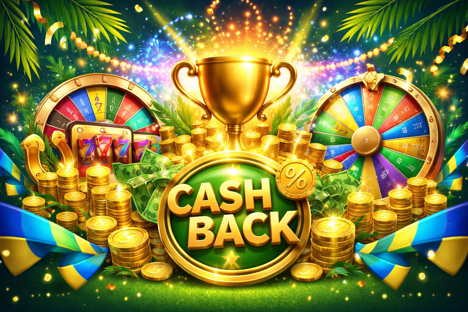 Exibição dinâmica de promoções semanais com ícones de cashback, destaques de calendário e tons festivos nas cores do Brasil