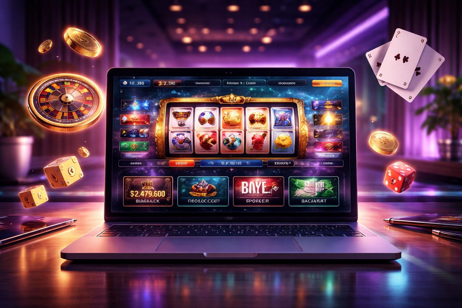 Painel moderno de jogos com visuais vívidos de casino e uma interface digital polida