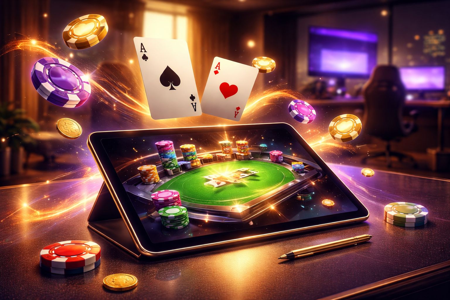 Configuração virtual elegante de casino destacando jogo estratégico e acesso móvel