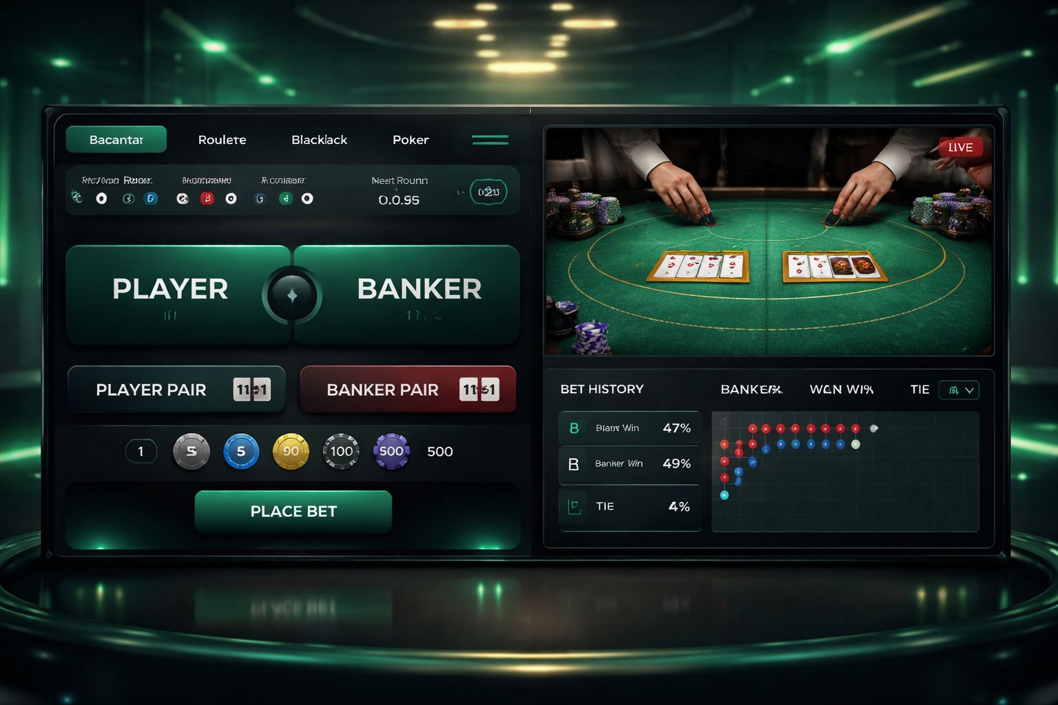 Interface interativa de casino ao vivo mostrando painel de apostas e janela de transmissão