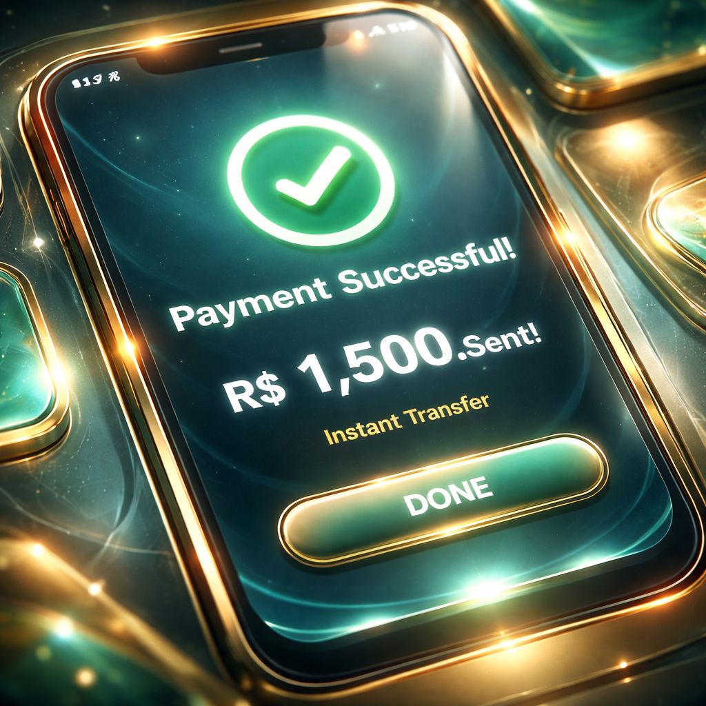 Confirmação móvel de transferência PIX ao lado de uma interface moderna de caixa de jogos
