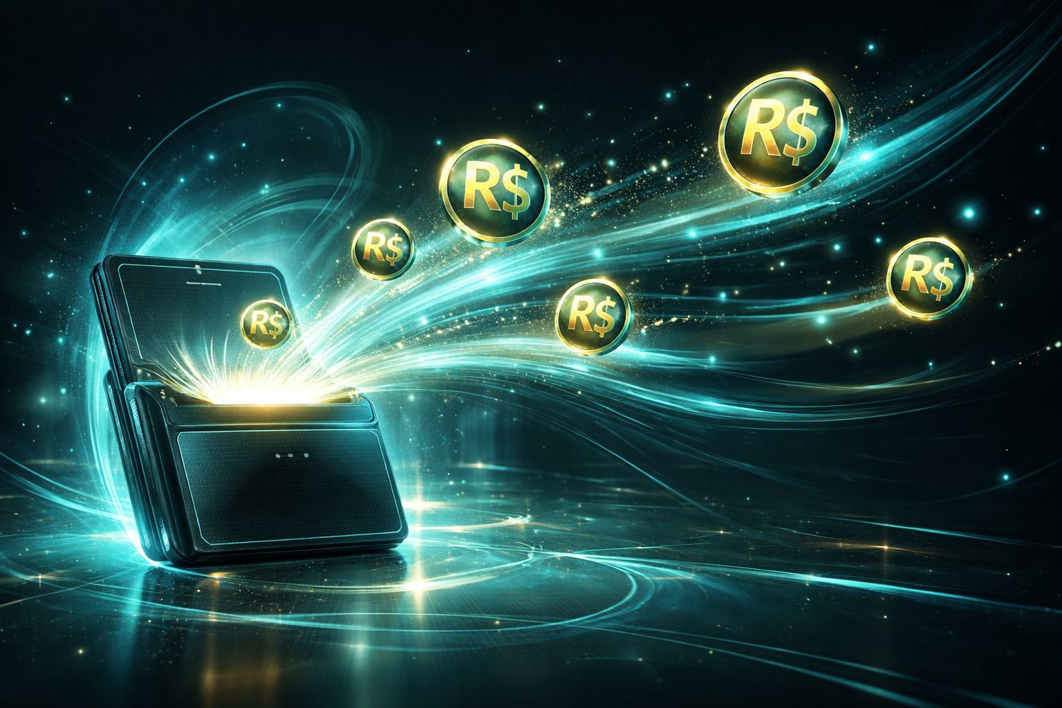 Conceito seguro de retirada digital com símbolos R$ e visuais de transferência rápida