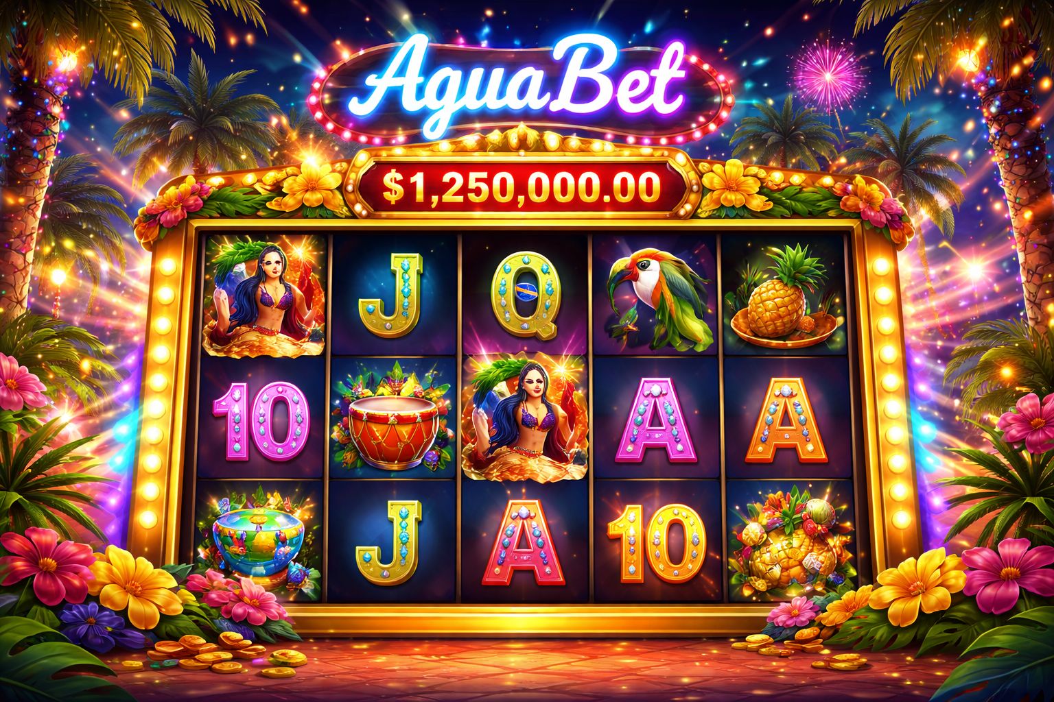 Cena de slot online inspirada no Brasil com rolos vívidos e luzes de jackpot brilhantes