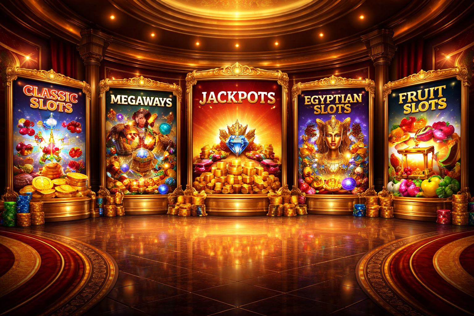Catálogo amplo de categorias de slot com temas de rolos coloridos